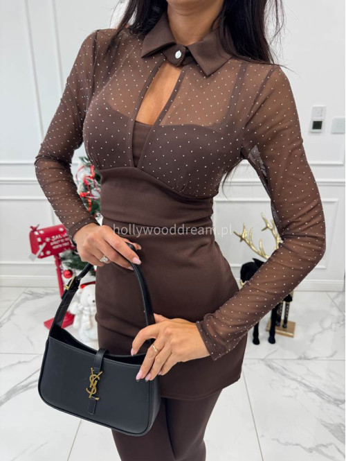 Brązowa sukienka z siateczkową górą z cekinami i kołnierzem DOROTA 17 - photo #6