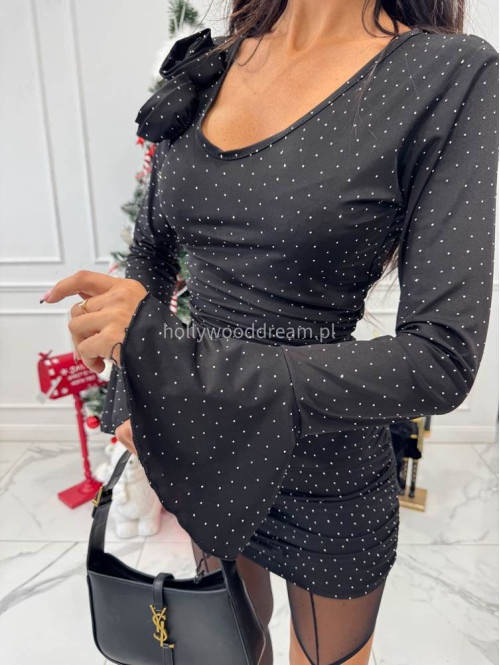 Czarna sukienka mini z cekinami i różami z marszczeniem MONTANA 17 - photo #6