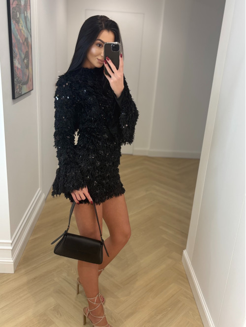 Czarna sukienka mini z piórami, cekinami i rozszerzonymi rękawami DIVA 09 - photo #15