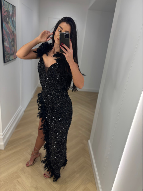 Sukienka cekinowa z piórami czarna WEBINO 01 - photo #34
