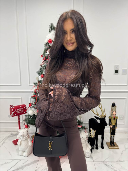 Brązowa bluzka krótka koronkowa z rękawami dzwonek Roma 25 - photo #2