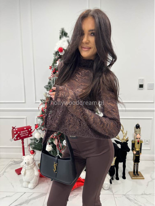 Brązowa bluzka krótka koronkowa z rękawami dzwonek Roma 25 - photo #3