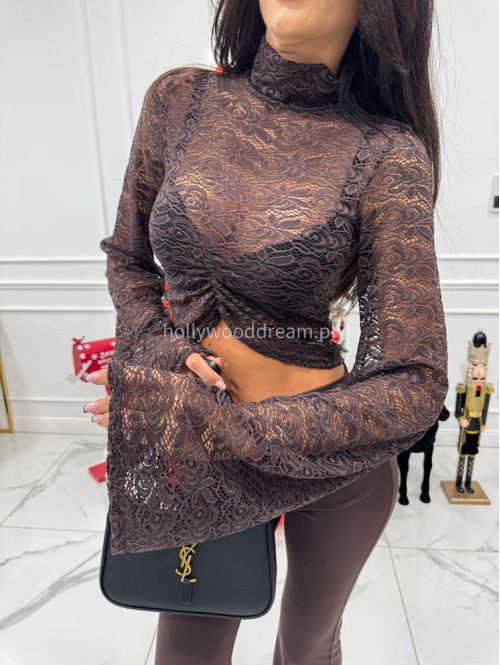 Brązowa bluzka krótka koronkowa z rękawami dzwonek Roma 25 - photo #4