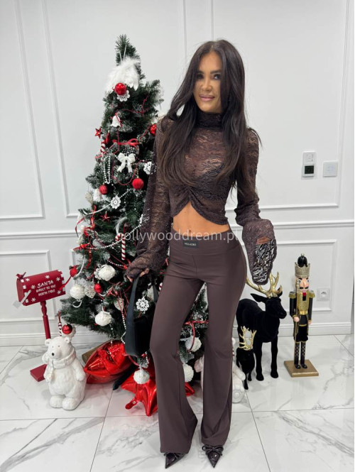 Brązowa bluzka krótka koronkowa z rękawami dzwonek Roma 25 - photo #6