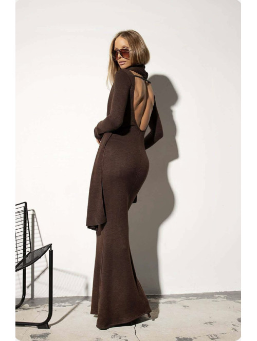Brązowa sukienka maxi sweterkowa z długim rękawem i wyciętymi plecami + szal MIRABEL 161 - photo #3