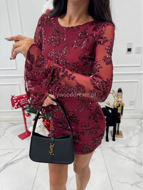 Bordowa sukienka cekinowa mini z okrytymi plecami IRMINA 19 - photo #7