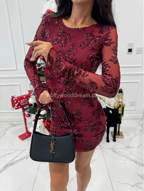 Bordowa sukienka cekinowa mini z okrytymi plecami IRMINA 19 - photo #8