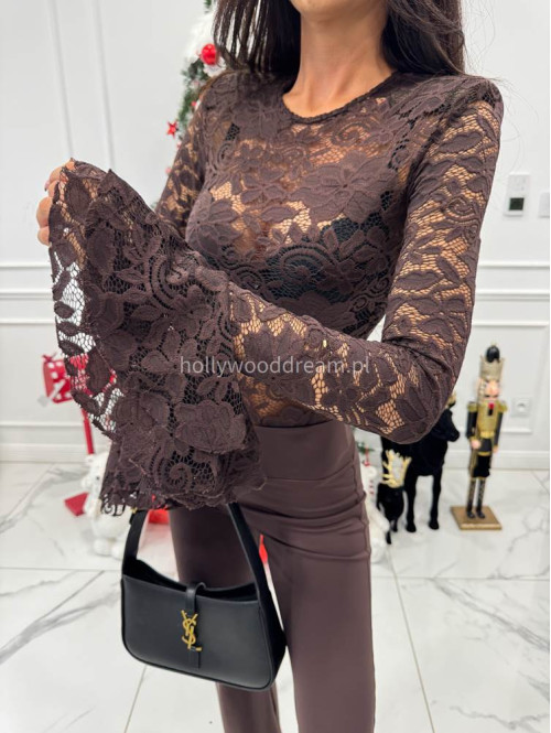 Brązowe body koronkowe z rękawem dzwonek Silva 173 - photo #1