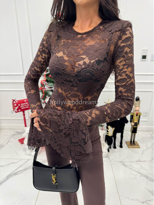 Brązowe body koronkowe z rękawem dzwonek Silva 173 - photo #2