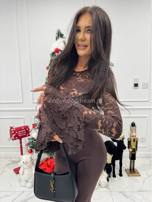 Brązowe body koronkowe z rękawem dzwonek Silva 173 - photo #4