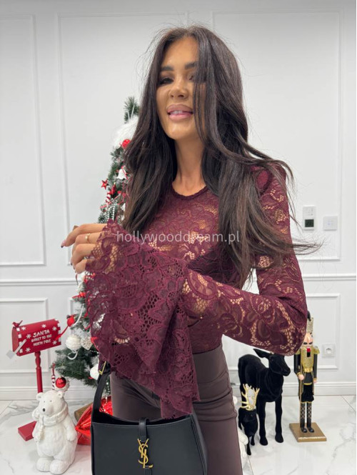 Bordowe body koronkowe z rękawem dzwonek Silva 173 - photo #4