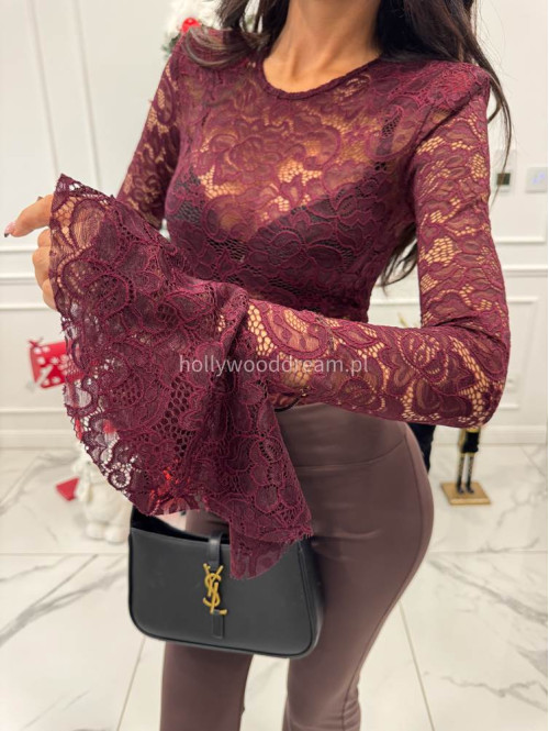 Bordowe body koronkowe z rękawem dzwonek Silva 173 - photo #6