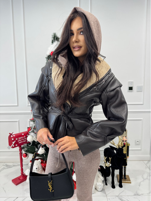 Beżowy komplet sweterkowy bluzka z kapturem + spodnie Berton 173 - photo #1