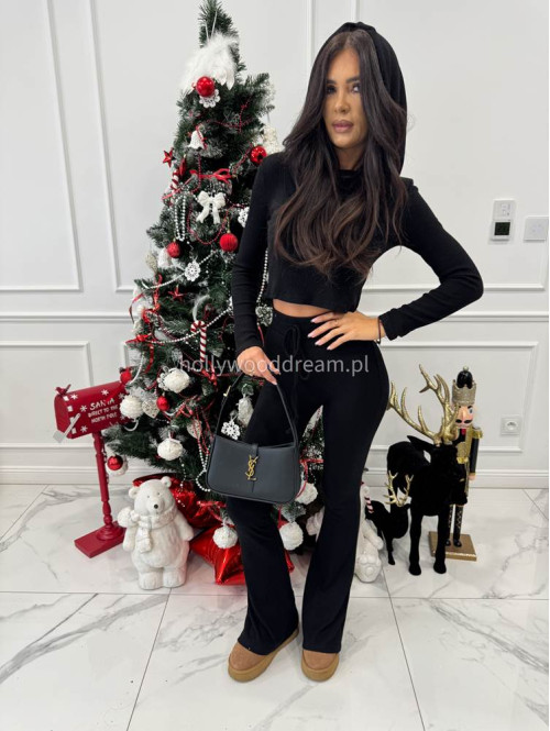 Czarny komplet sweterkowy bluzka z kapturem + spodnie Berton 173 - photo #8