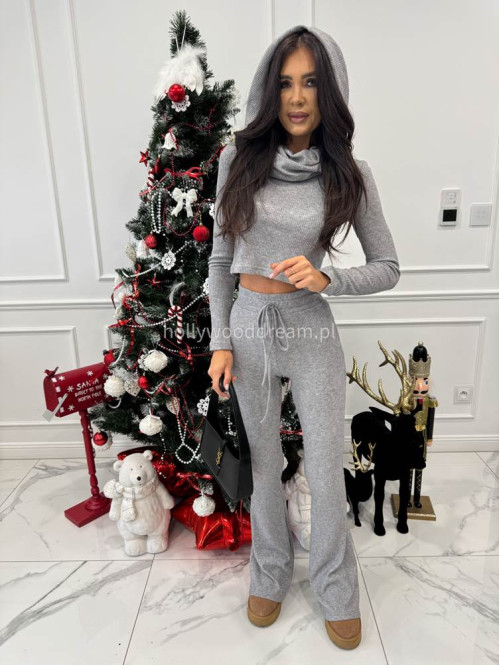 Szary komplet sweterkowy bluzka z kapturem + spodnie Berton 173 - photo #11