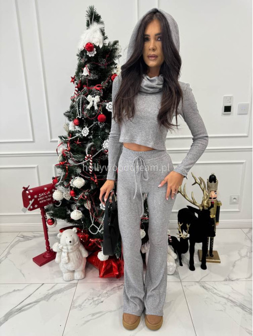 Szary komplet sweterkowy bluzka z kapturem + spodnie Berton 173 - photo #13