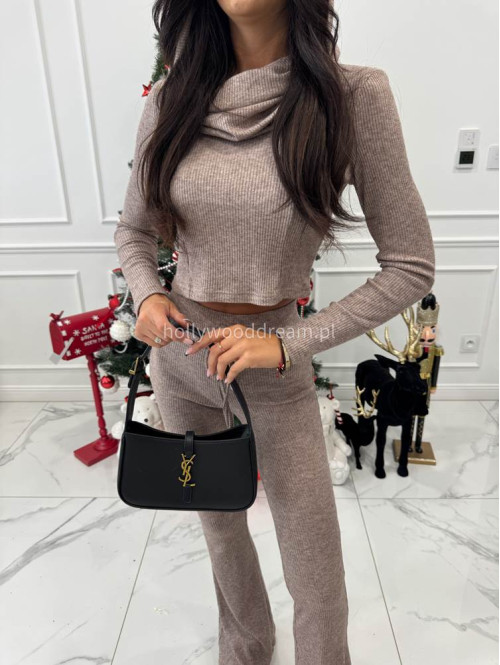 Beżowy komplet sweterkowy bluzka z kapturem + spodnie Berton 173 - photo #2