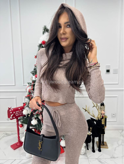 Beżowy komplet sweterkowy bluzka z kapturem + spodnie Berton 173 - photo #5