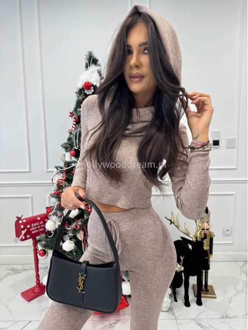 Beżowy komplet sweterkowy bluzka z kapturem + spodnie Berton 173 - photo #6