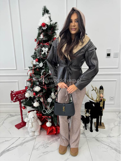 Beżowy komplet sweterkowy bluzka z kapturem + spodnie Berton 173 - photo #18