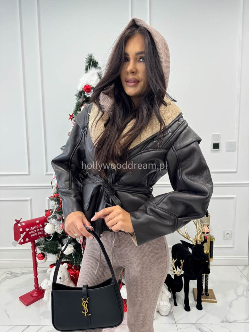 Beżowy komplet sweterkowy bluzka z kapturem + spodnie Berton 173 - photo #20