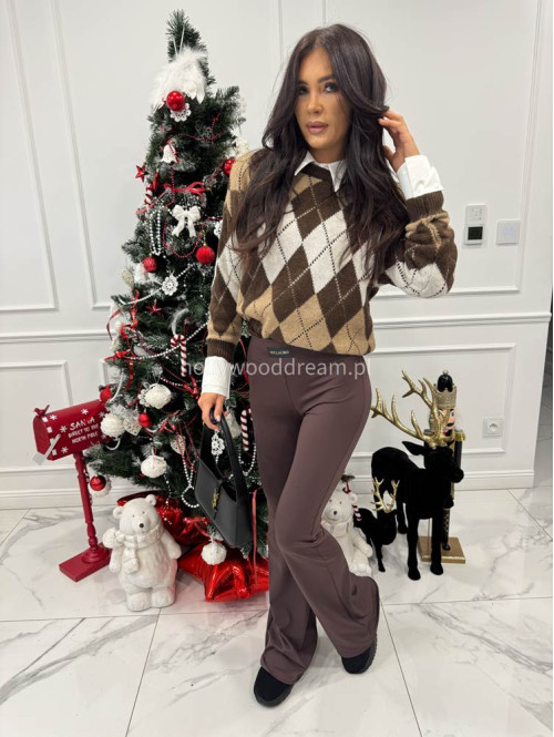 Czekoladowo-brązowo-kremowy sweter w małe romby Tay 06 - photo #1