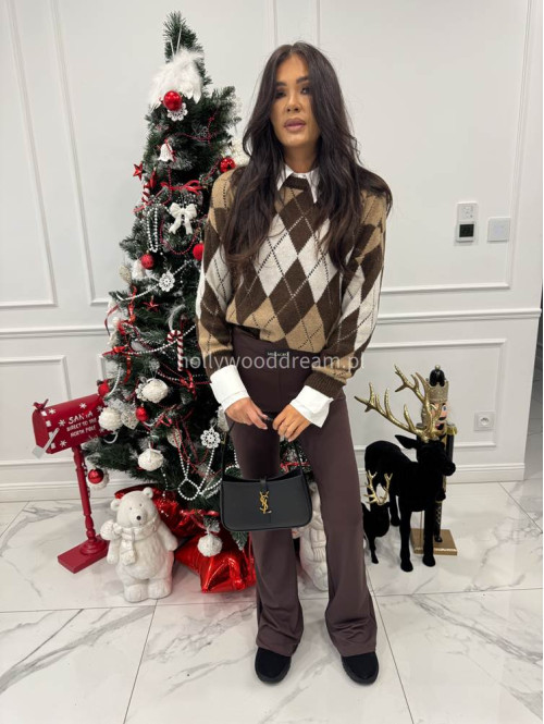 Czekoladowo-brązowo-kremowy sweter w małe romby Tay 06 - photo #7