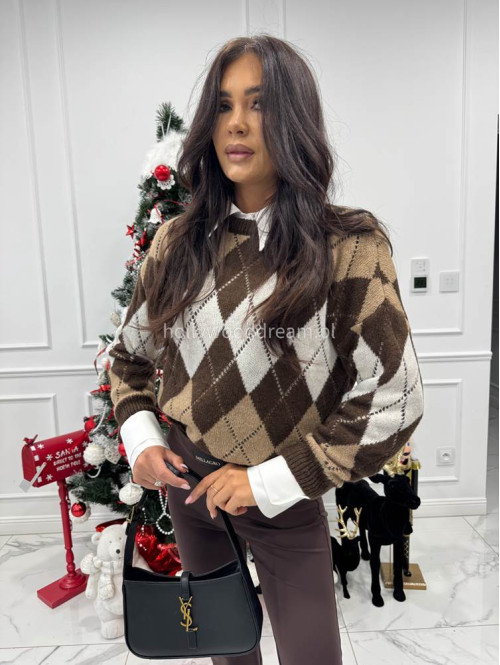 Czekoladowo-brązowo-kremowy sweter w małe romby Tay 06 - photo #8