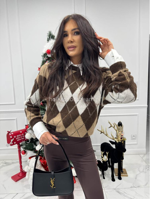 Czekoladowo-brązowo-kremowy sweter w małe romby Tay 06 - photo #10