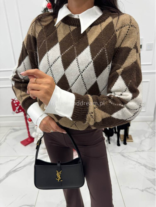 Czekoladowo-brązowo-kremowy sweter w małe romby Tay 06 - photo #11