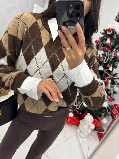 Czekoladowo-brązowo-kremowy sweter w małe romby Tay 06 - photo #12