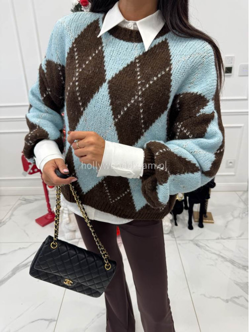 Czekoladowo błękitny sweter w małe romby FRANK 06 - photo #1