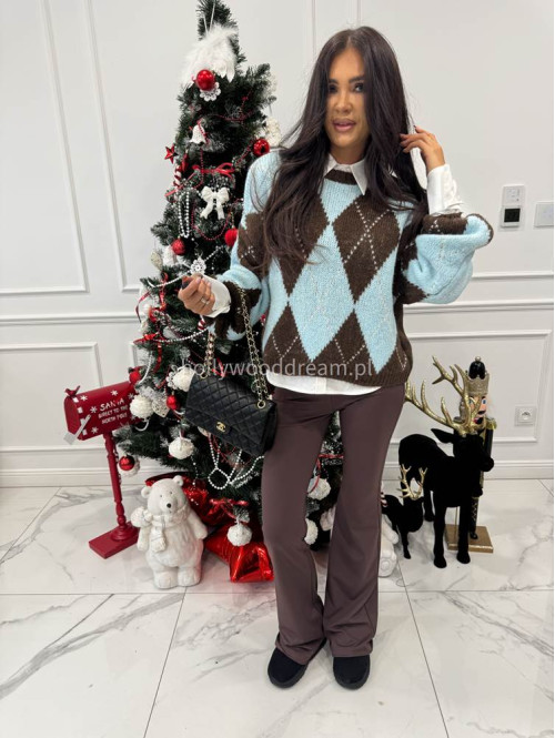 Czekoladowo błękitny sweter w małe romby FRANK 06 - photo #8