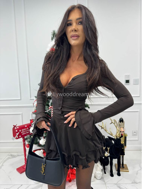 Czekoladowa sukienka mini a'la bombka z rękawami dzwonek Daria 09 - photo #3