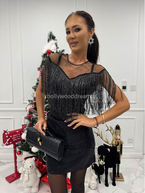 Czarna sukienka mini cekinowa z siatką i srebrnymi frędzlami Carina 09 - photo #8