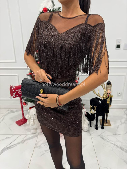 Brązowa sukienka mini cekinowa z siatką i srebrnymi frędzlami Carina 09 - photo #1