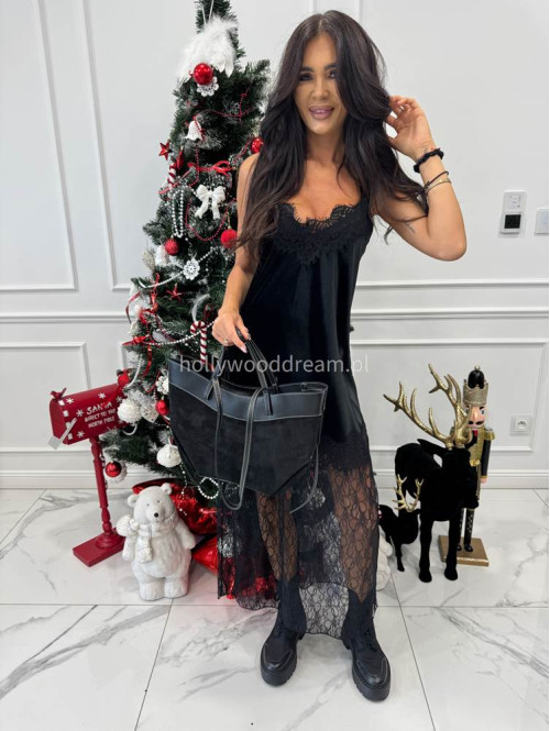 Czarna sukienka maxi welurowa wykończona koronką Vayana 06 - photo #3