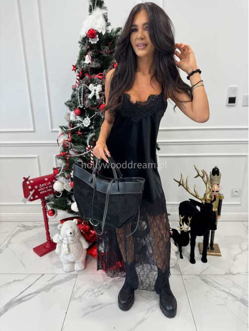 Czarna sukienka maxi welurowa wykończona koronką Vayana 06 - photo #2