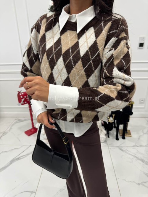 Czekoladowo beżowy sweter w drobne romby JAZZ 09 - photo #1