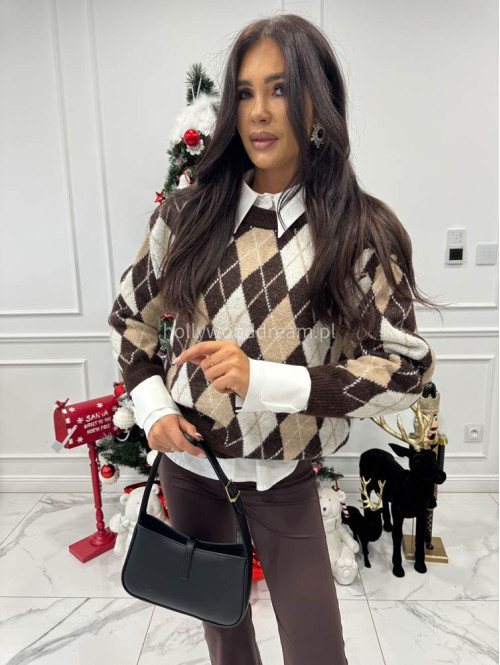 Czekoladowo beżowy sweter w drobne romby JAZZ 09 - photo #3