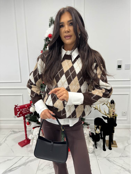 Czekoladowo beżowy sweter w drobne romby JAZZ 09 - photo #4