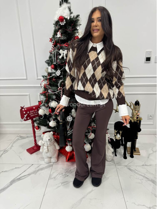 Czekoladowo beżowy sweter w drobne romby JAZZ 09 - photo #6