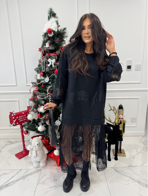 Czarna sukienka maxi bluza z wykończeniem koronki Deniz 06