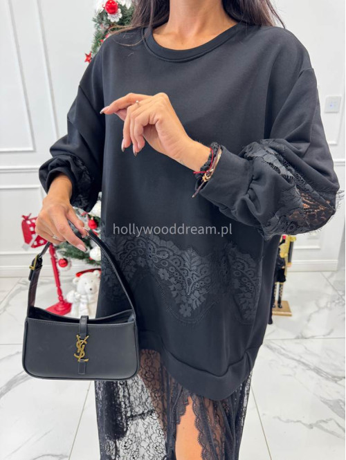 Czarna sukienka maxi bluza z wykończeniem koronki Deniz 06 - photo #2