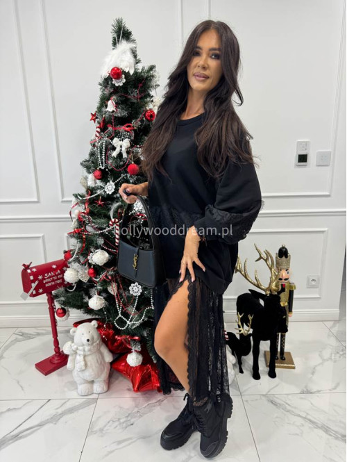 Czarna sukienka maxi bluza z wykończeniem koronki Deniz 06 - photo #4