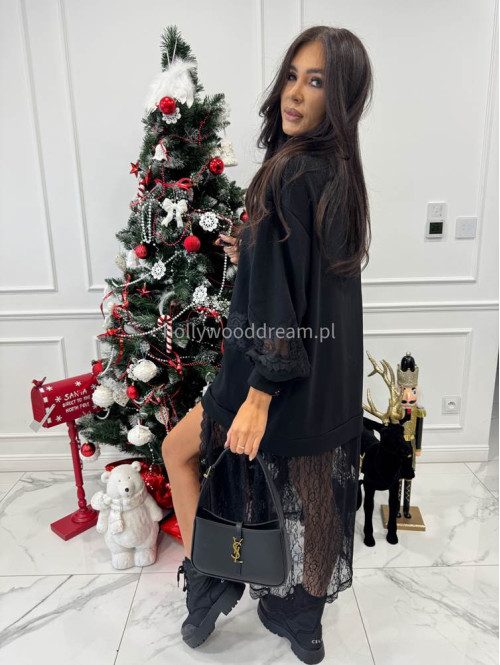 Czarna sukienka maxi bluza z wykończeniem koronki Deniz 06 - photo #5