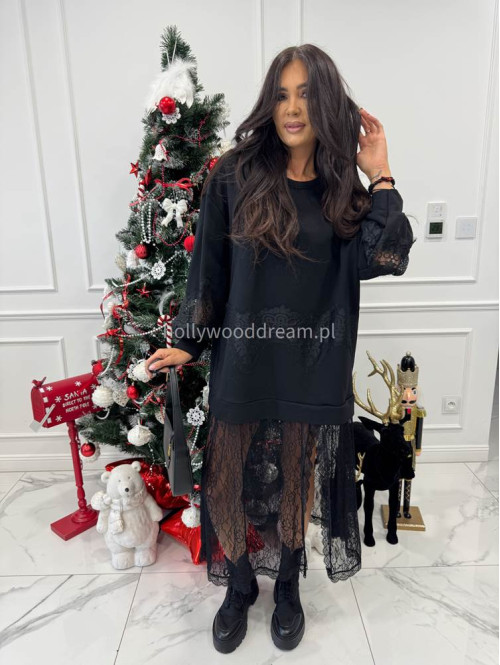 Czarna sukienka maxi bluza z wykończeniem koronki Deniz 06 - photo #6