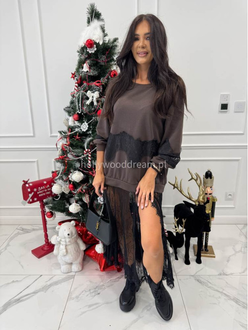 Brązowa sukienka maxi bluza z wykończeniem koronki Deniz 06 - photo #1