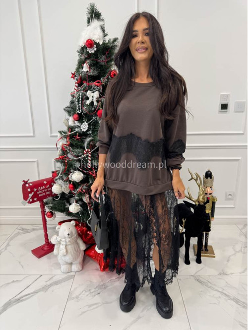 Brązowa sukienka maxi bluza z wykończeniem koronki Deniz 06 - photo #2