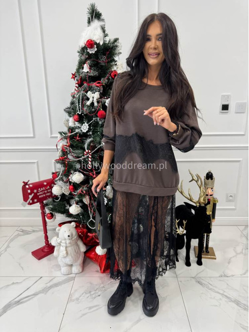Brązowa sukienka maxi bluza z wykończeniem koronki Deniz 06 - photo #3